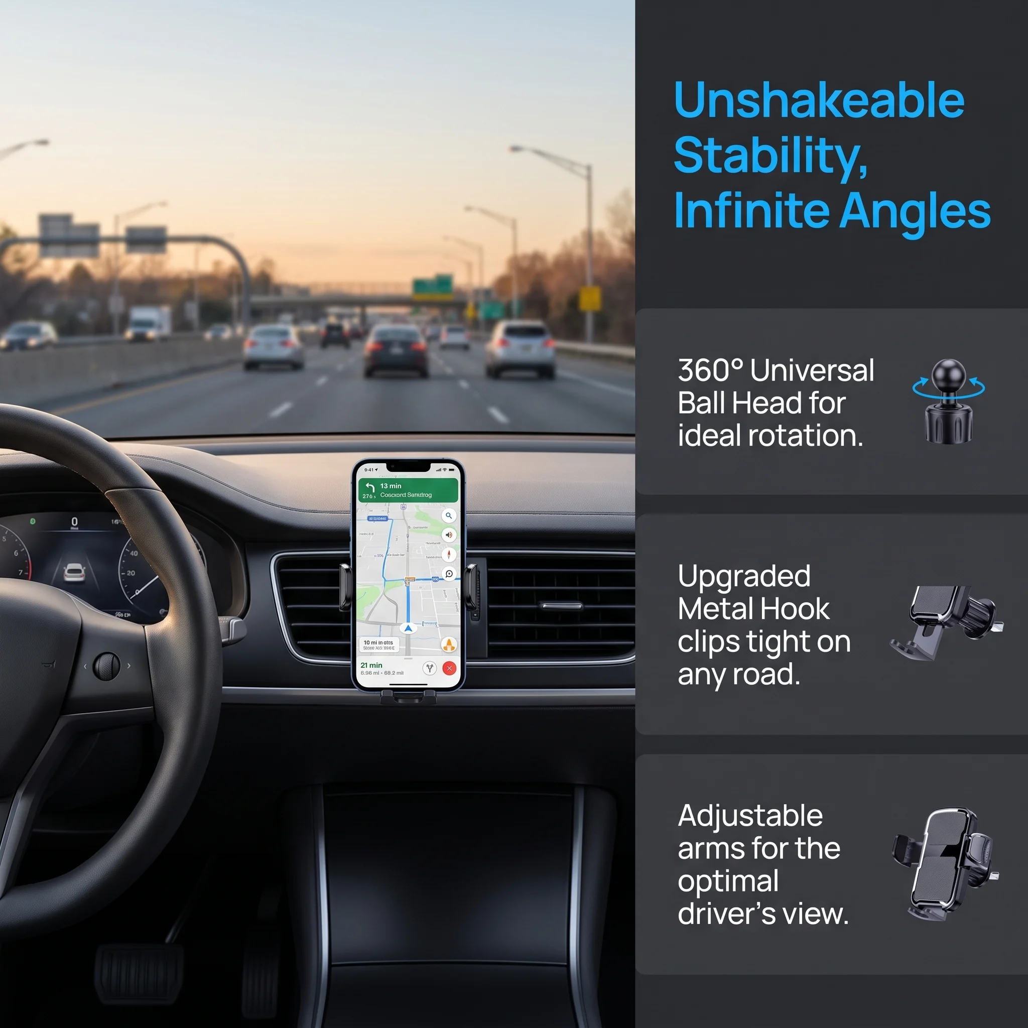 Car Phone Holder | Dedicated Car Navigation Mobile Stand, 360° Rotatable Multi-angle Adjustable Anti-shake And Anti-slip, Three-in-one For Dashboard Vent, Universal For All Car Models, Compatible With Apple, Huawei, Xiaomi, Samsung Phones