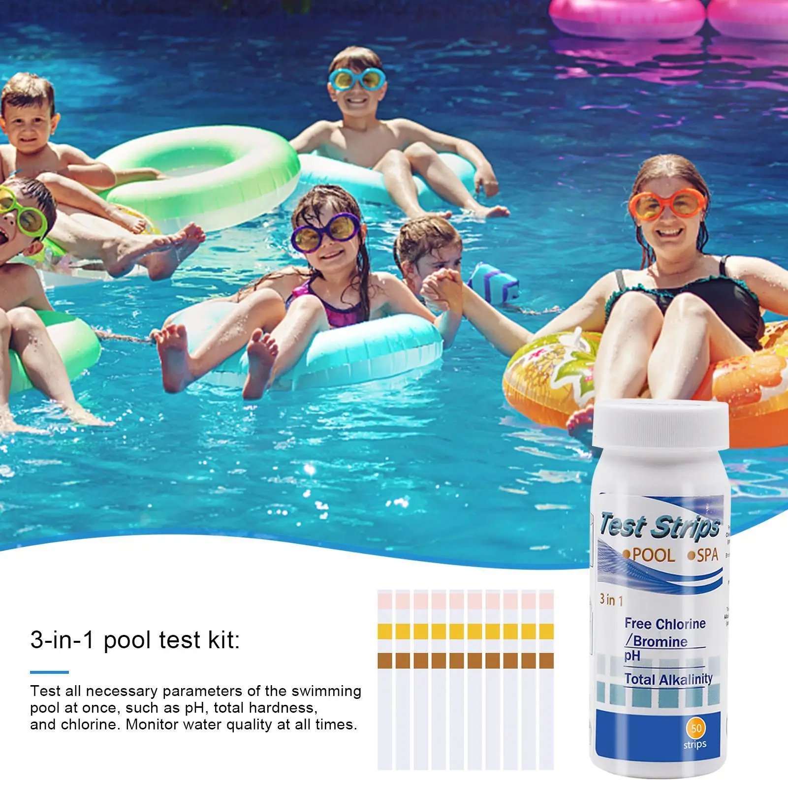 Multi-Function Water Test Strips Detect Chlorine PH Alkalinity Hardness Test Paper for Water Hot Tub Swimming Pool and Spa