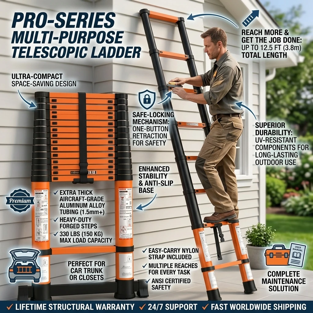 Telescoping Ladder Heavy Duty Compact Extension Ladder with Non Slip Feet Safety Locking Mechanism Portable Stable Retractable Design for Home Maintenance RV Use Outdoor Construction Warehouse Storage Painting Window Cleaning Garage DIY Projects