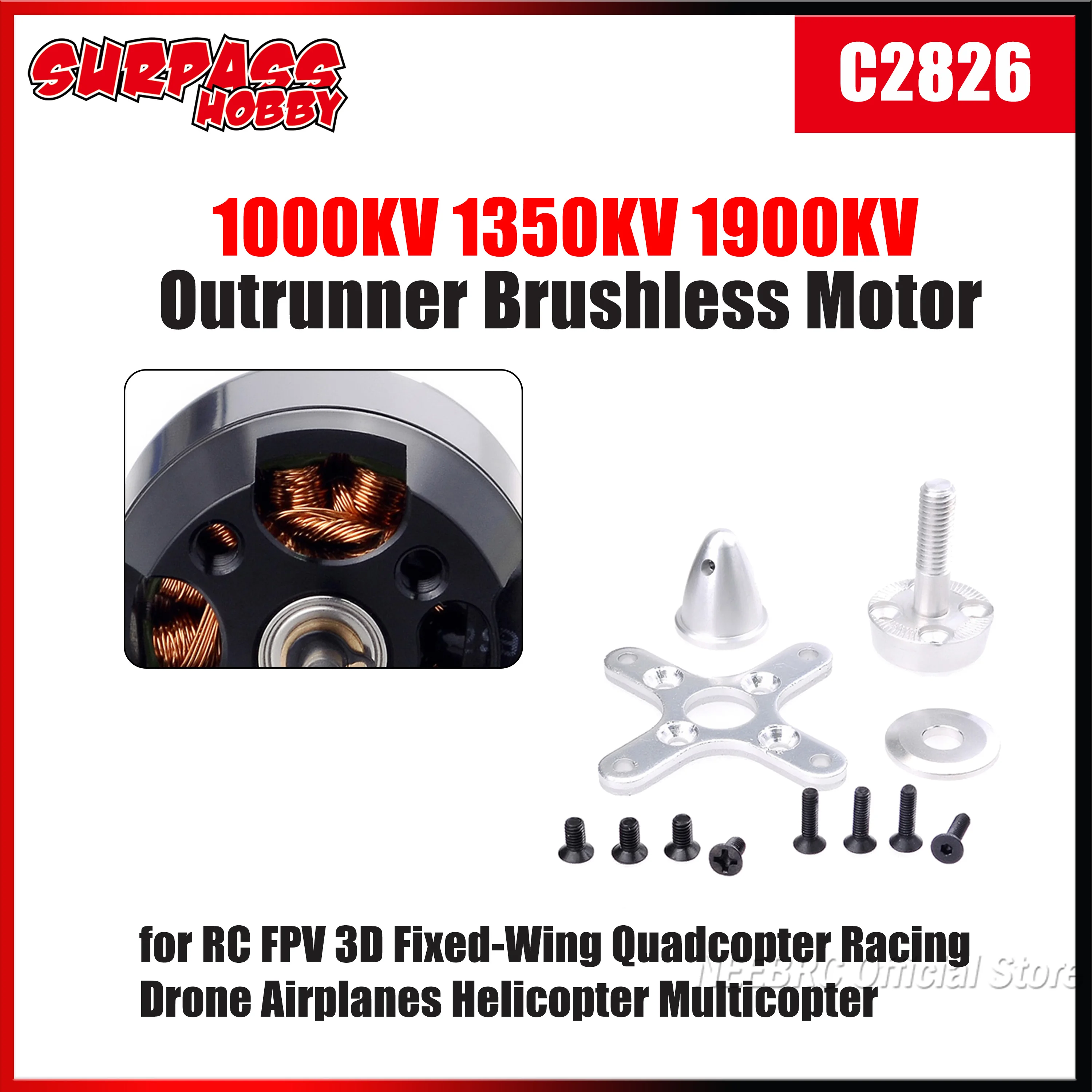 SURPASS HOBBY 2826 Brushless Outrunner 1000/1350KV/1900KV Motor for RC 3D Airplane Helicopter Fixed-wing Aircraft Plane Drone