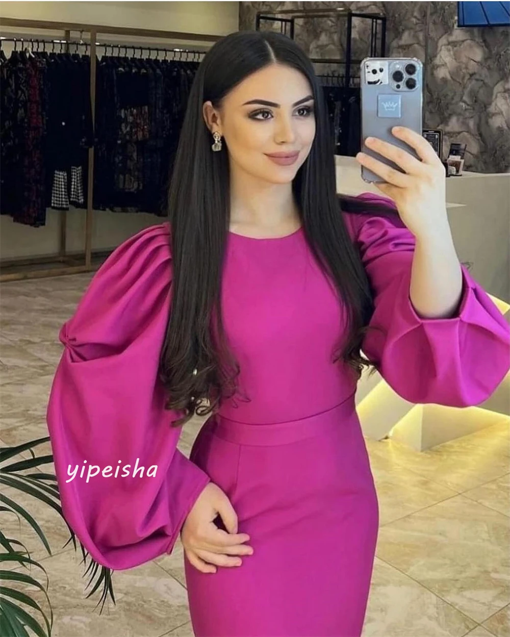 Vestido de noche de Arabia Saudita, traje Midi fruncido con cuello redondo, ideal para fiesta de cóctel