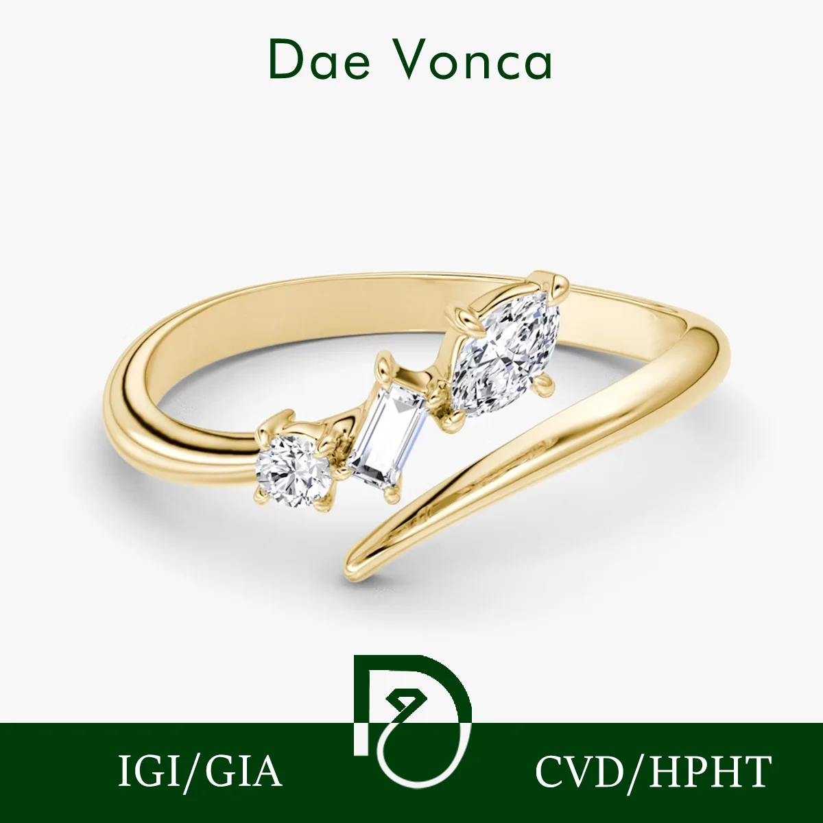 Three-Stone Open Shank Engagement Ring, Marquise Baguette & Round Cut Lab Grown Diamonds, 9K/14K/18K Yellow Gold Minimalist Ring