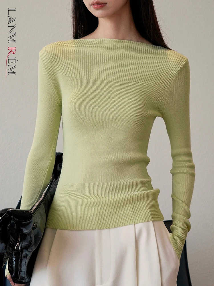 

[LANMREM] Minimalism Knitted Slim T-shirt For Women Slash Neck Long Sleeve Bottoming Tees Elastic Female Tops 2024 Spring New