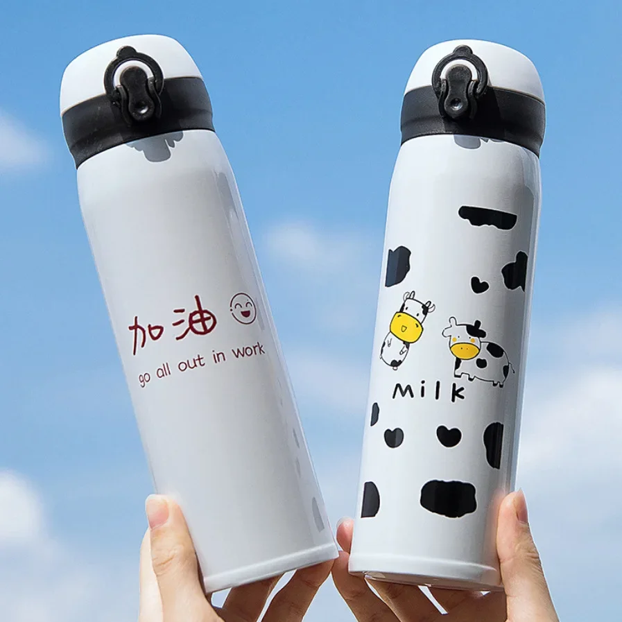 Cow Spring Cover Thermos Cup Stainless Steel Water Bottle with Cartoon Pattern Nice Durable Outdoor Sports Hot Drink Coffee Cup