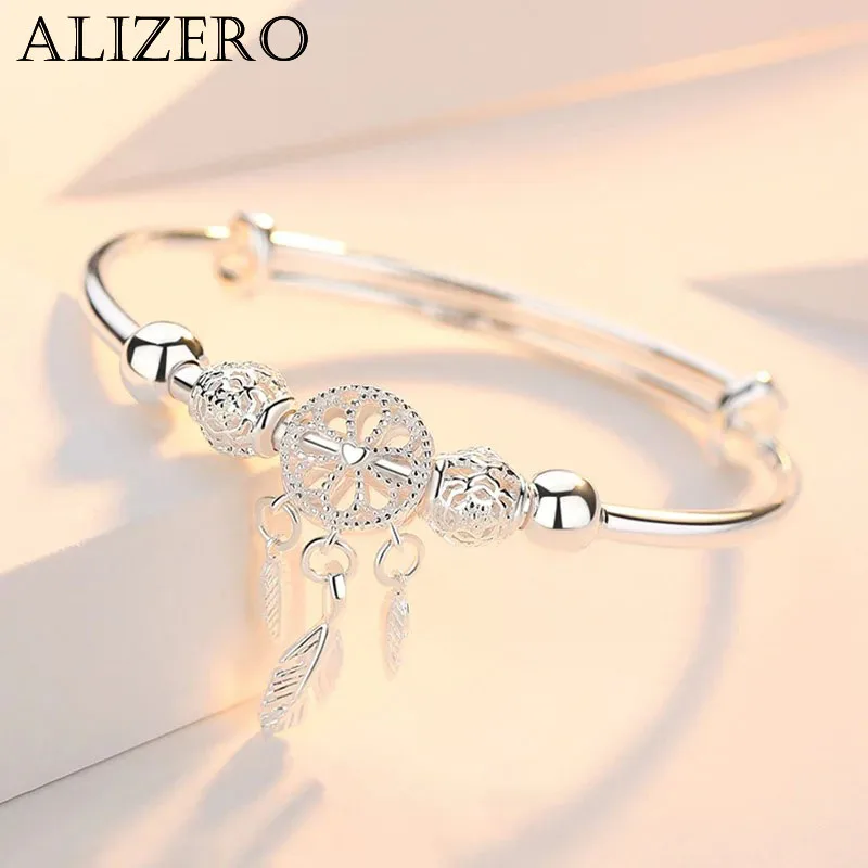 Adjustable 925 Sterling Silver Bangle Dreamcatcher Tassel Feather Round Bead Charm Bracelet Cuff For Women Elegant wedding