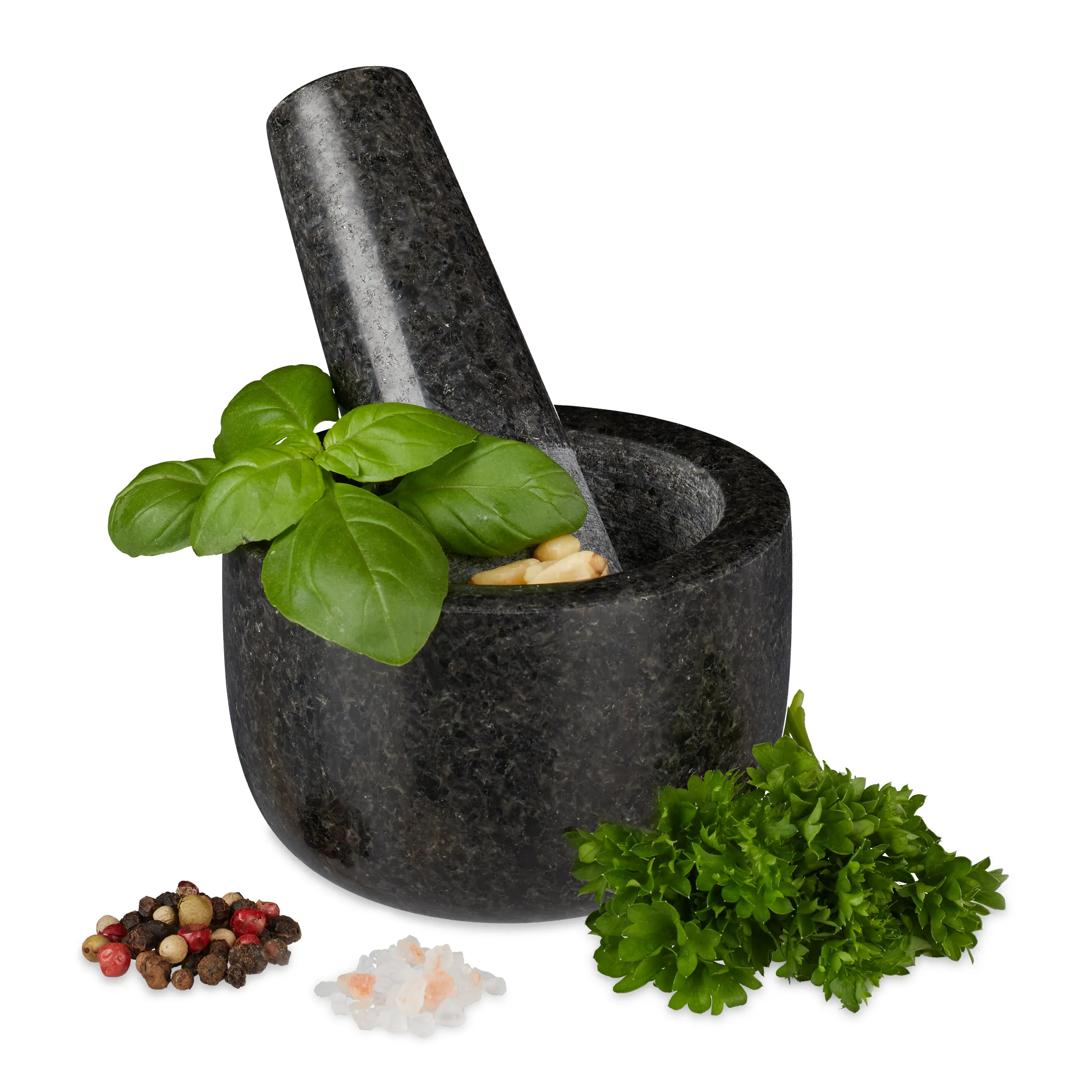 Mortaio in granito, con pestello e superficie ruvida per la macinazione, ideale per spezie, erbe aromatiche, frutta secca e pesto, pietra naturale levigata, 100 ml, colore grigio, utensile da cucina,