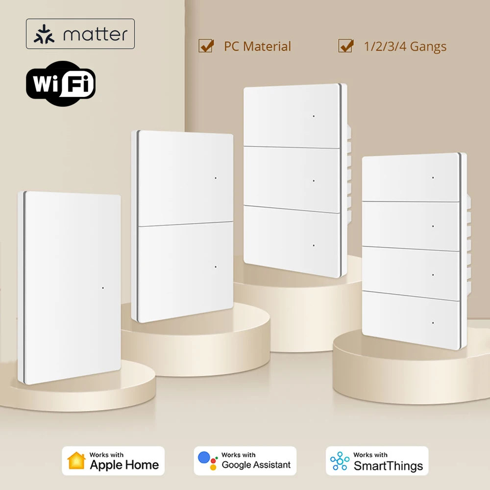 Matter WiFi US Smart Switch PC 1234 Gang Push Button Light Switch Work with Homekit Google Home SmartThings APP Remote Control