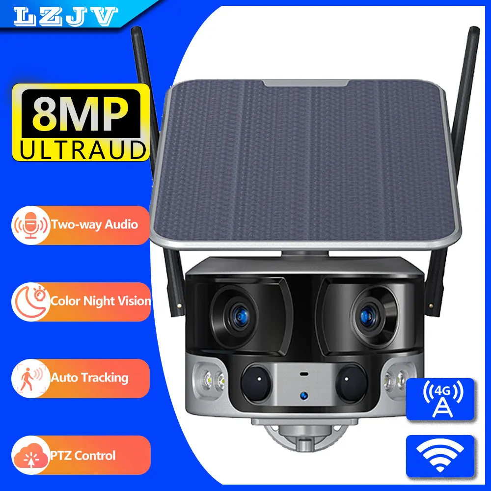 

LZJV 4G Sim Card/WIFI 180° Ultra Wide View Angle Solar Camera Outdoor 8MP UHD Dual Lens 4X Zoom Human Detection Security Camera