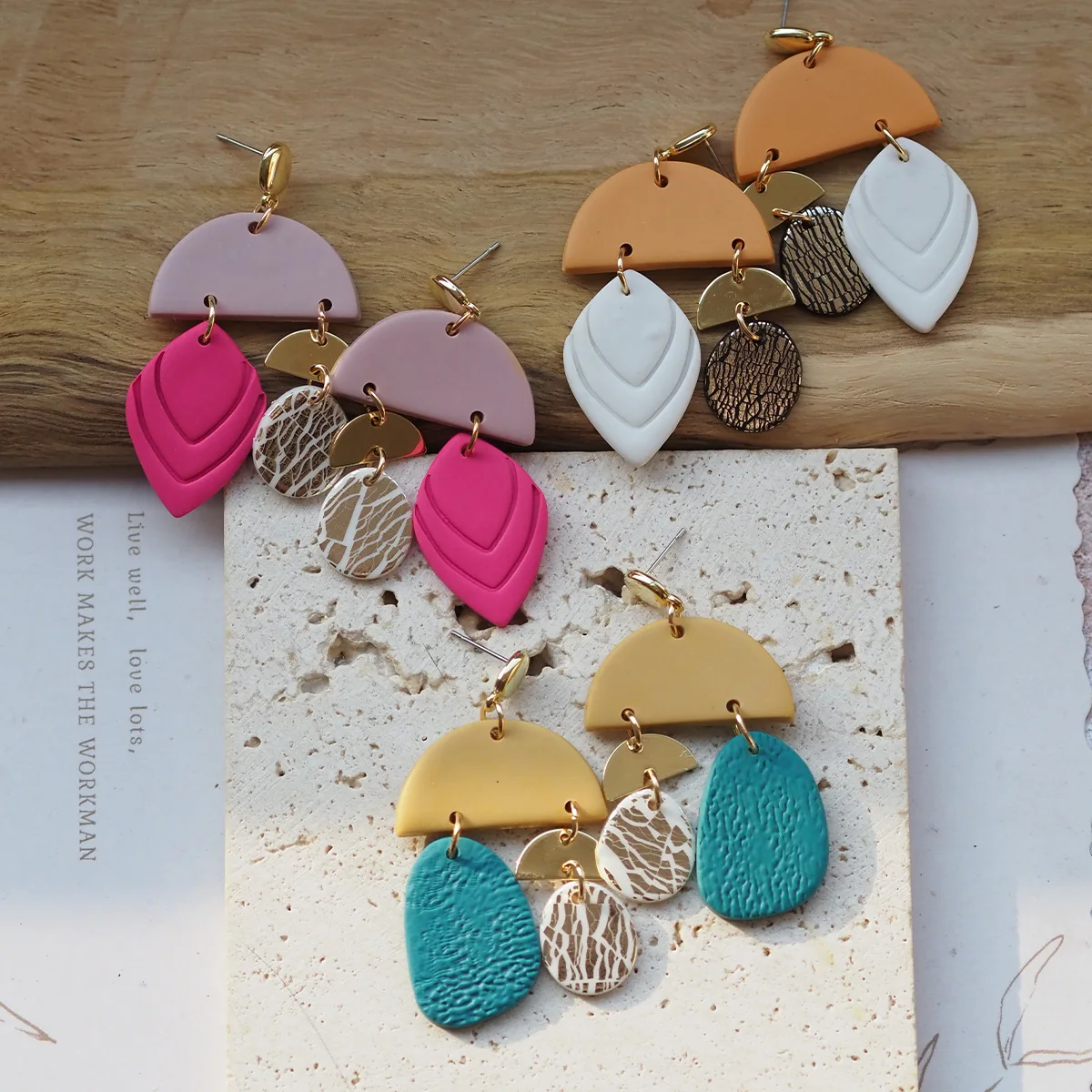 Statement Pink Turquoise Lightweight Polymer Clay Geometric Dangle Earrings with Arch Layered Leaf Textured Pebble Gold Discs