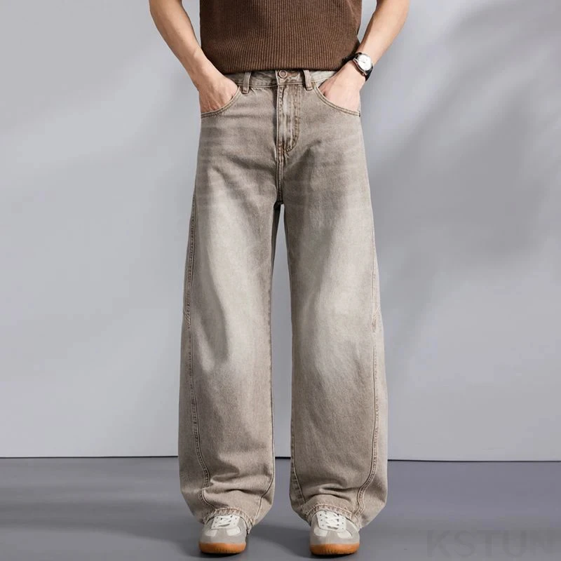2026 Men's Loose Straight Jeans Wide-leg Trousers ‌Curved Blade Jeans Khaki Denim Pants Male Baggy Pants Patched Vintage