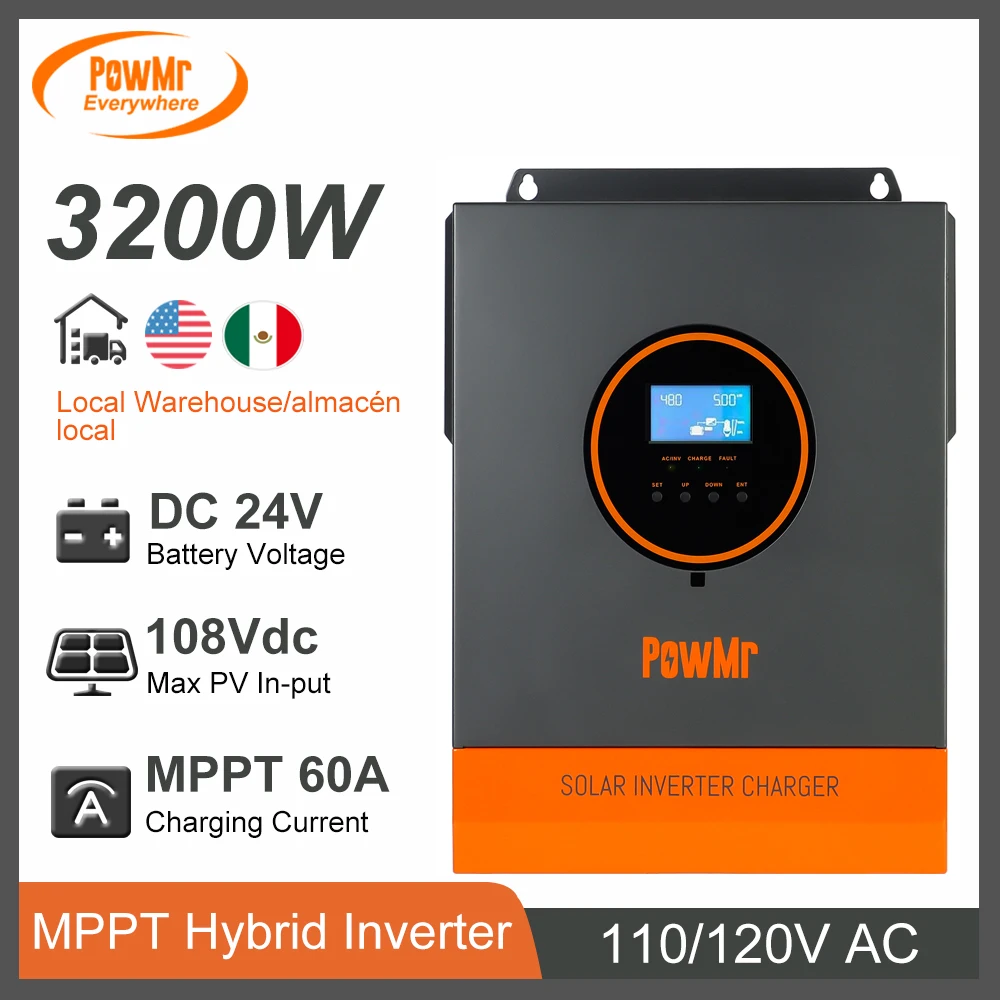 PowMr 3200W Solar Inverter Charger 24V DC to 110V AC With 60A MPPT Solar Controller Solar Panel Max PV 108Vdc Fit for Lifepo4