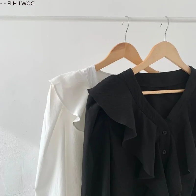 Damskie koreańskie eleganckie bluzki z falbankami, krótkie topy, bluzki damskie z długim rękawem, eleganckie, podstawowe ubrania do biura, białe koszule do pracy.