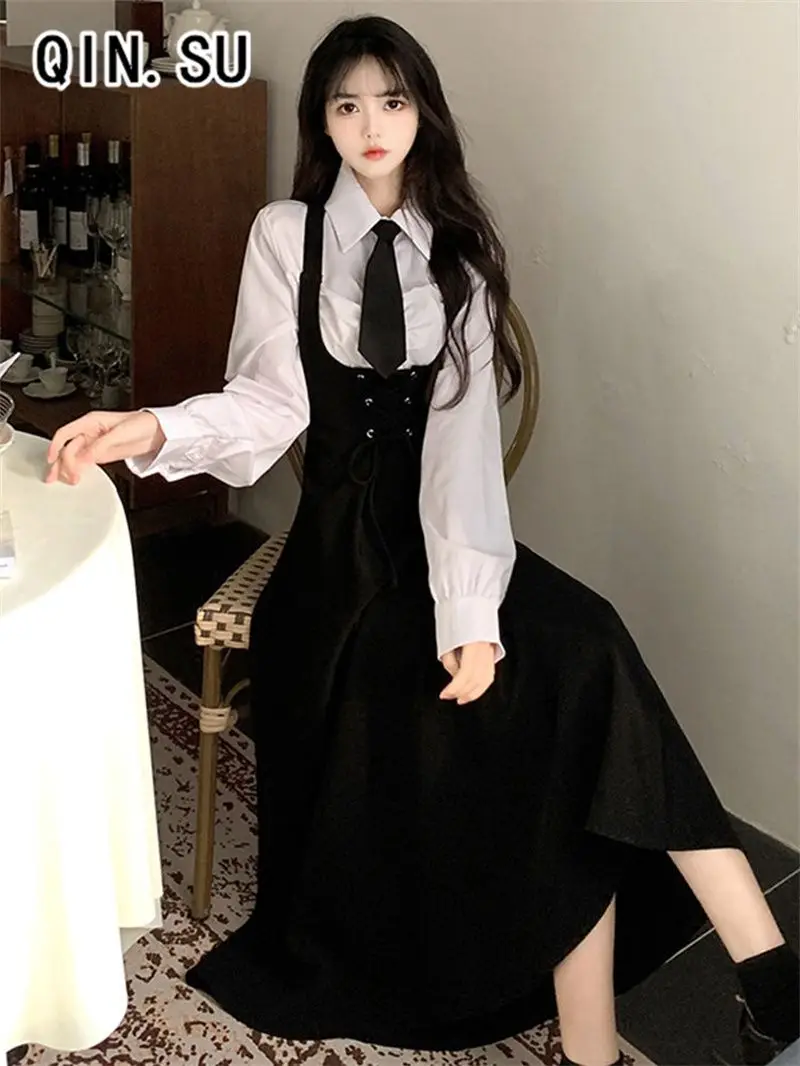 Sweet College Style Waist Cinched Mid Length Suspender Dress Women\'s Versatile Long Sleeved Shirt Two-piece Set