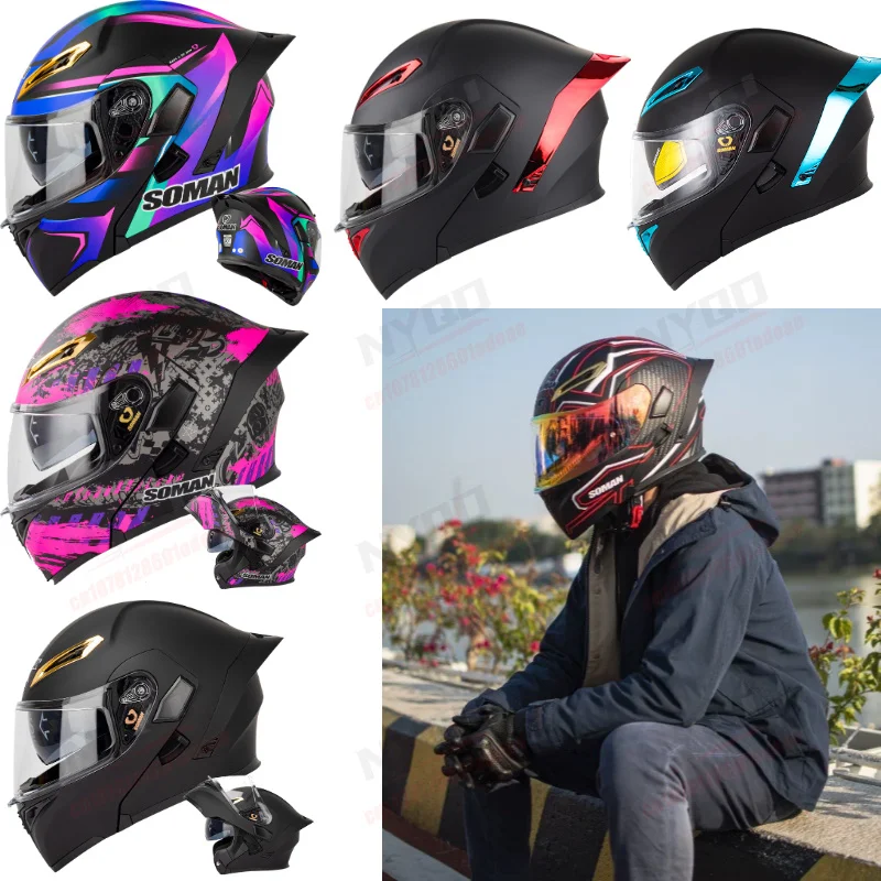 

DOT Approved Men's Full Face Motorcycle Helmet, Double Visor Flip Up Motocross Helmet, Four Seasons Universal