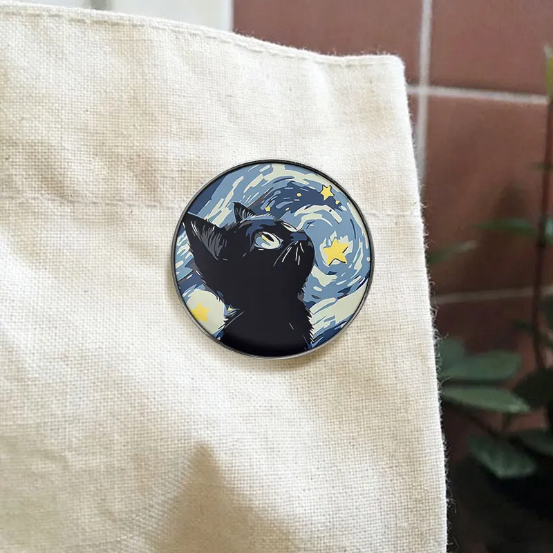 Starry Night Black Cat UV Printing Pin Look Up At The Stars Brooch Artistic Oil Painting Style Lapel  Badge Jewelry Gift