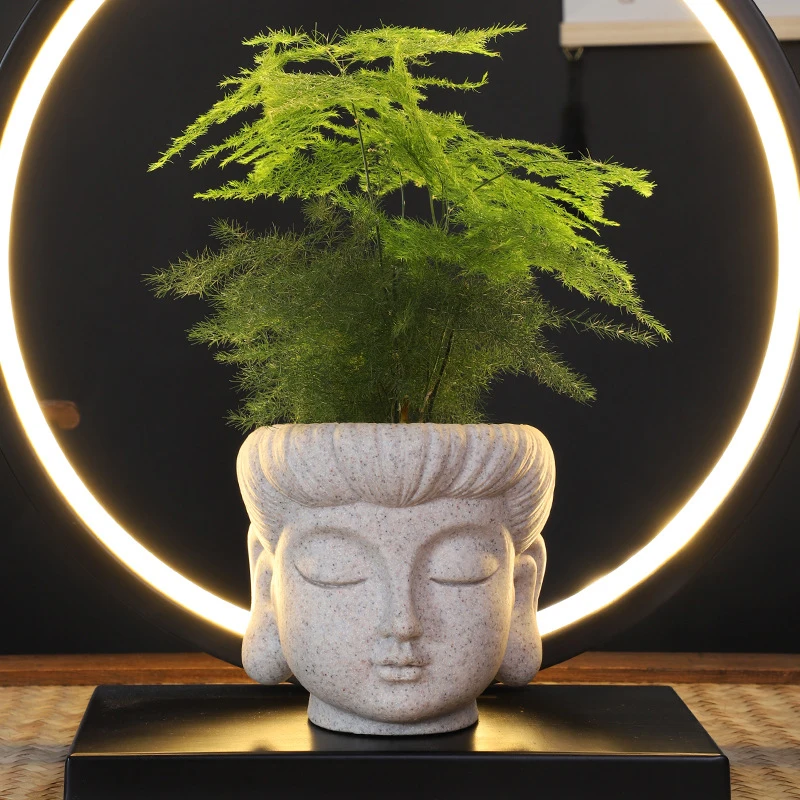 New Creative Buddha Head Zen Flower Pot Imitation Stone Texture Flower Pot Indoor Landscape Green Plant Pottery Home Decoration