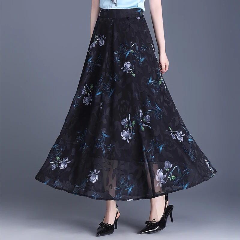 

Летняя юбка А-силуэта из шифона с цветочным принтом, с завышенной талией, расклешенная, длинная, универсальная, для повседневной носки, винтажная, из смесового полиэстера