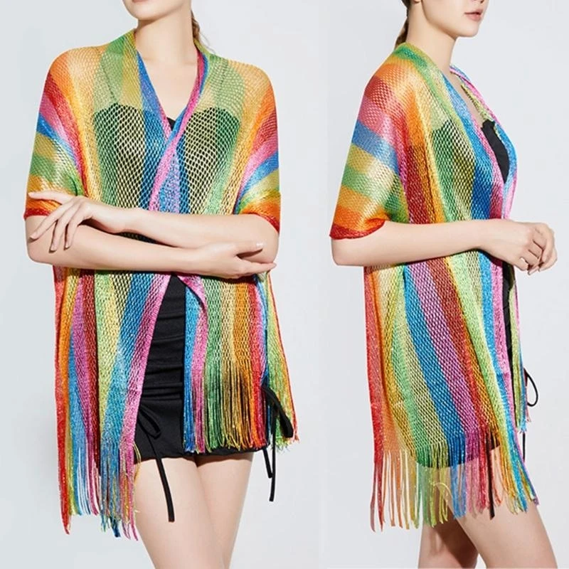 5ASD Живой радужный полосатый шарф Стильный шаль пляж Солнцезащитный крем.