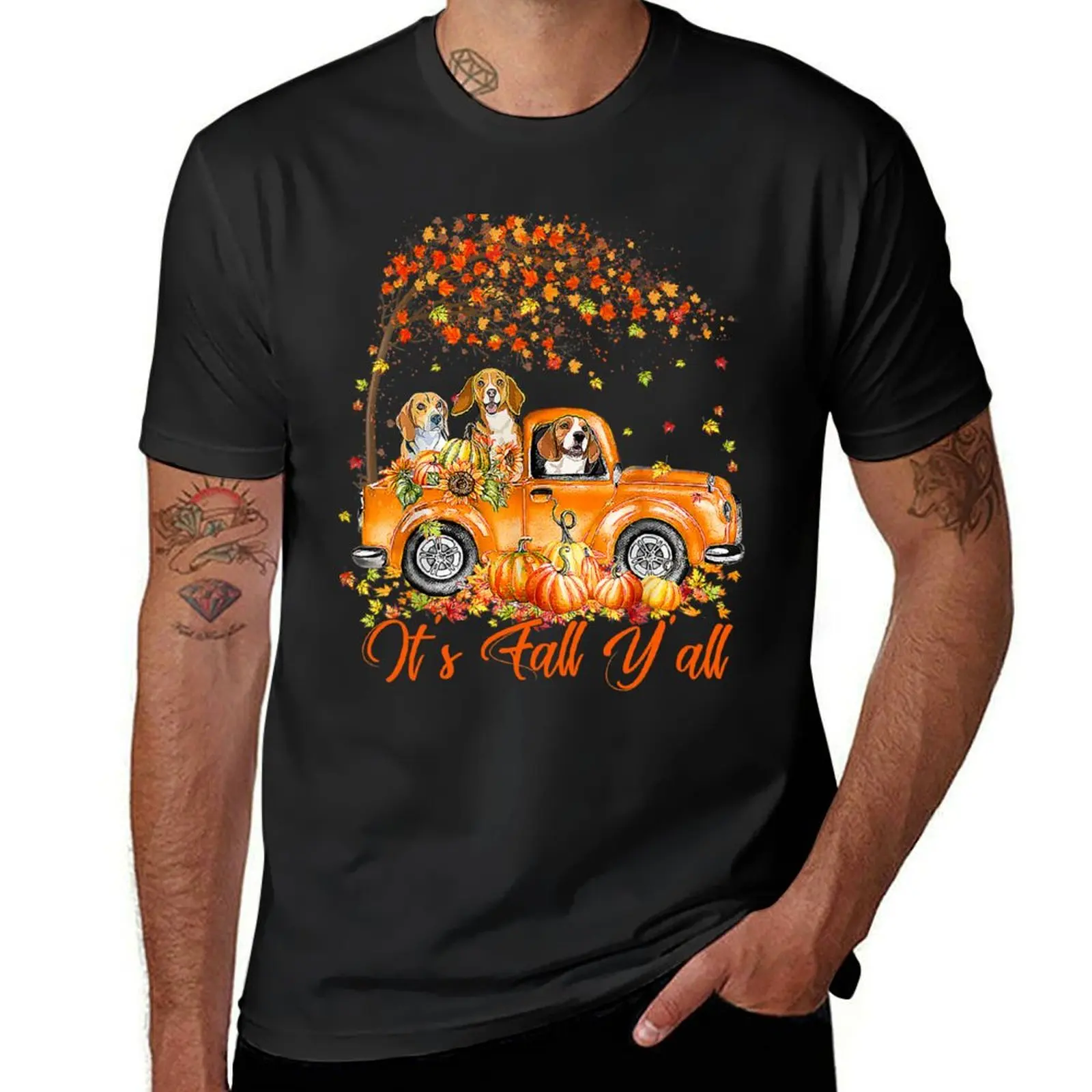 

Beagle Its Fall Yall Beagle Riding Truck Pumpkin Autumn Fall 166 Dog Lover T-Shirt graphics tops men t shirt