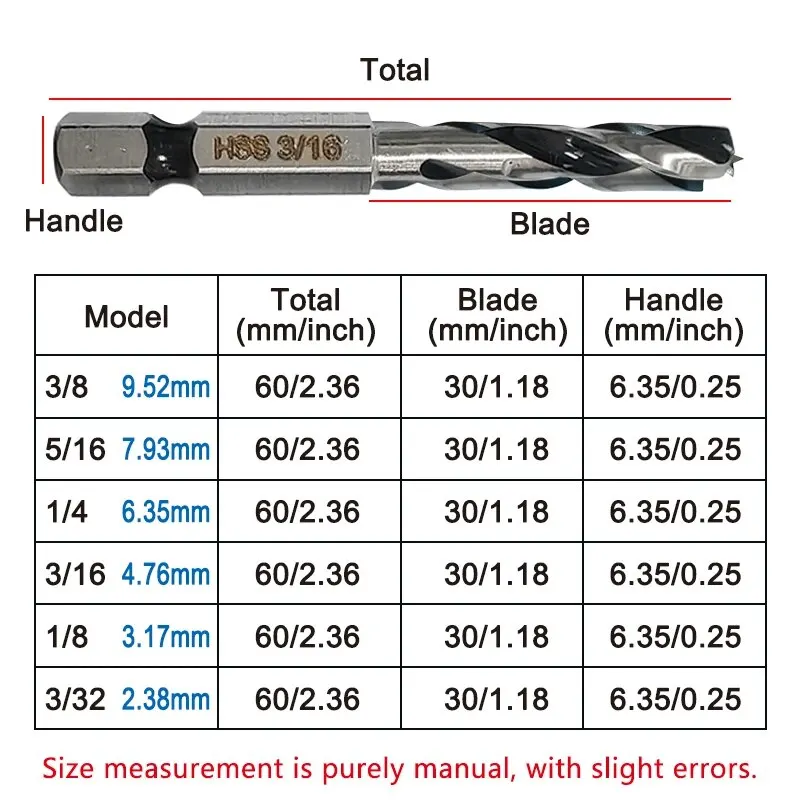 6pc High Speed Steel Hexagonal Shank Integrated Twist Drill British System Woodworking Drill Two Edge and Two Slot Drilling Tool