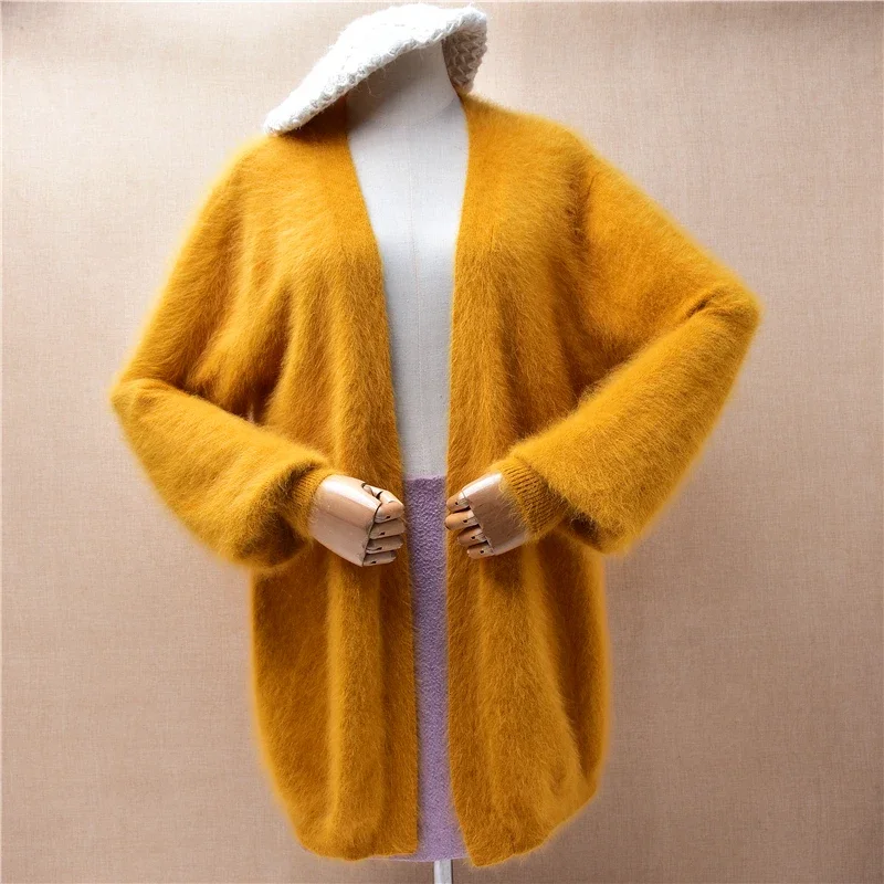 Casual Fashion Women Mujer Autumn Winter Hairy Mink Cashmere Knitted Long Lantern Sleeves Loose Cardigans mantle Sweater Jacket