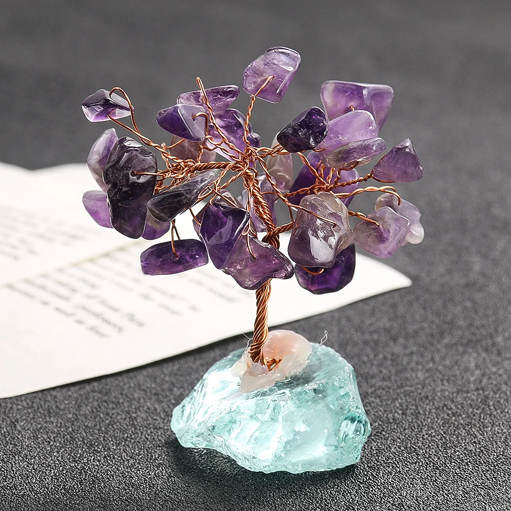 

Natural Amethyst Crystal Tree Handmade Mini Gemstone Decor Rock Base Energy Healing Ornament for Home Office Gift Display