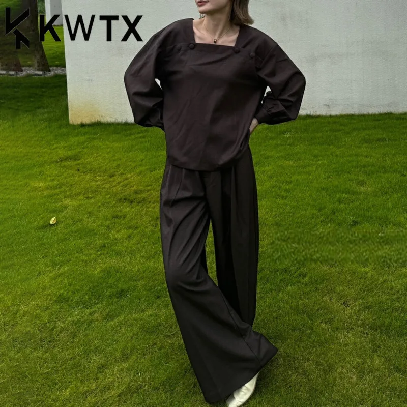 

KWTX Women’s 2025 Spring Summer Casual 2PC Set Wide Leg Pants & Shirt Square Neck Street Chic High Quality Trendy Outfit