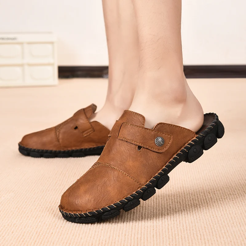 Large Size Slides Sandals Slip-on Mules Loafers Slippers Platform Half-back Casual Shoes for Man Leather Backless Flat Sneakers