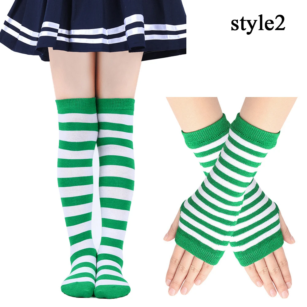 Anti Friction Arm Warmer Over Knee High Long Socks Women Striped Fingerless Gloves Set Neutral Polyester High Cylinder Stockings
