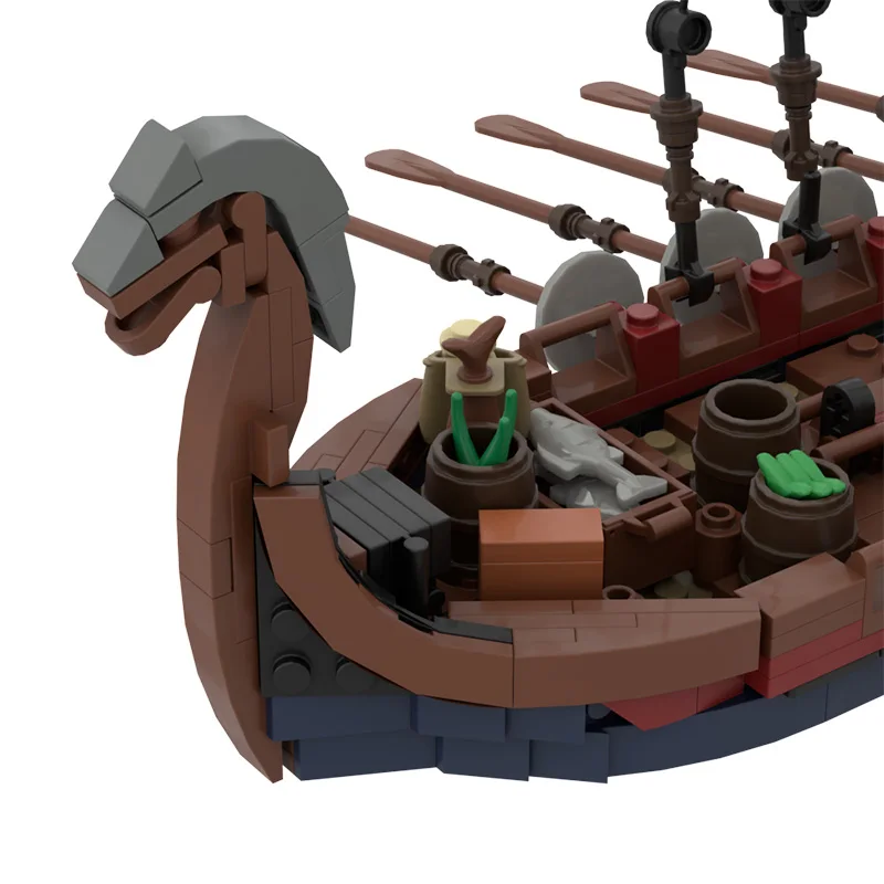 Wikinger Langschiff MOC Bausteine, Drachenkopf Kriegsschiff mit Holzstruktur, historisches Modell DIY für Sammler