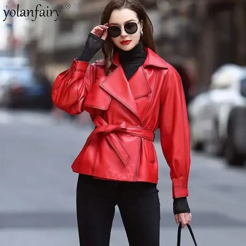 Veste en cuir véritable pour femme, style vintage, peau de mouton véritable, ceinture combinée, vêtements à la mode, printemps, automne, nouveau, 2023