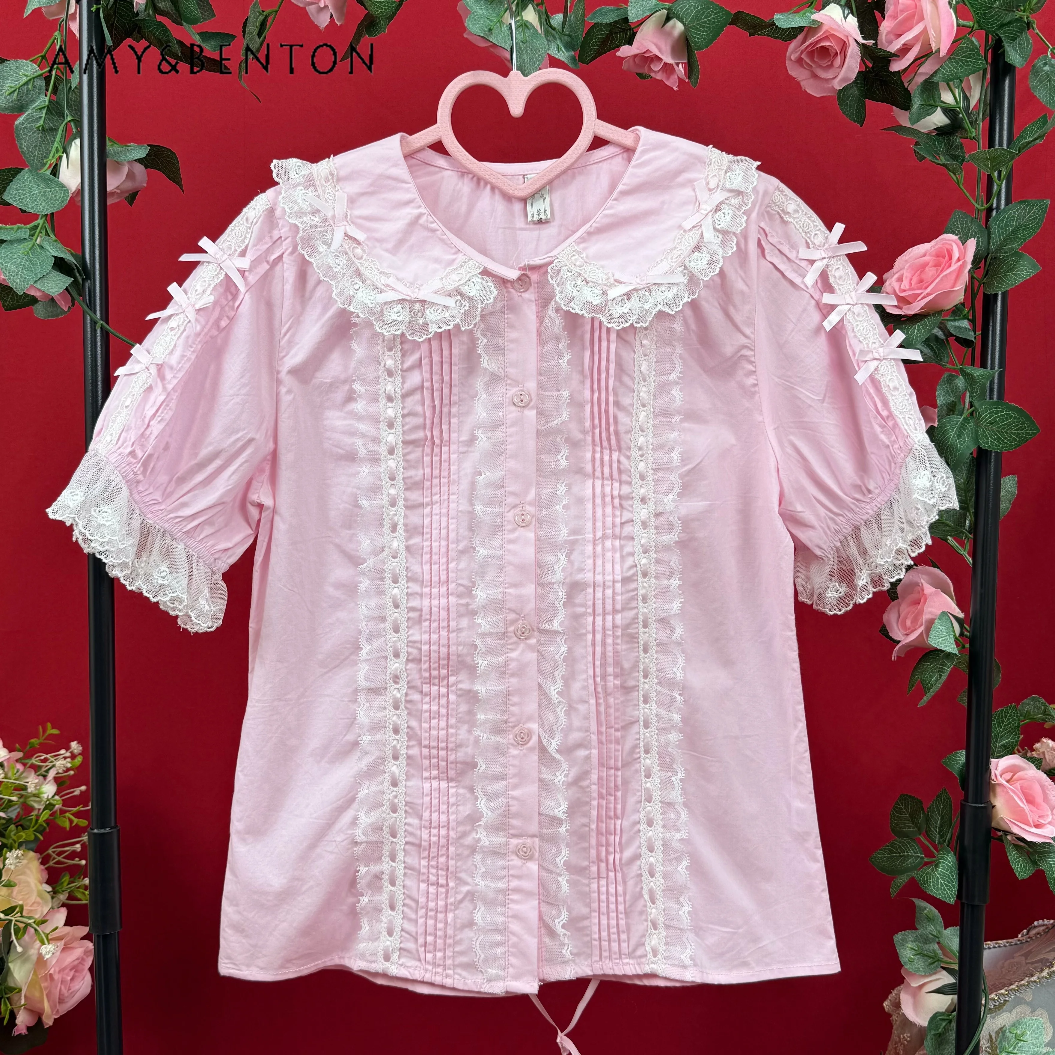Lolita Sweet Doll Collar Lace Splicing Short-sleeved Shirt Original Design Cute Solid Color Versatile Thin Shirt Women Summer