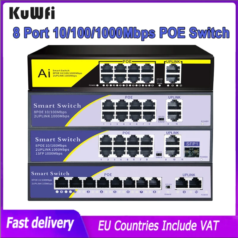 KuWfi 8 พอร์ต 48V POE Switch Rj45 10/100/1000Mbps Switch Ethernet Lan SFP สําหรับกล้อง IP/Wifi Router/Wireless AP/กล้องวงจรปิด