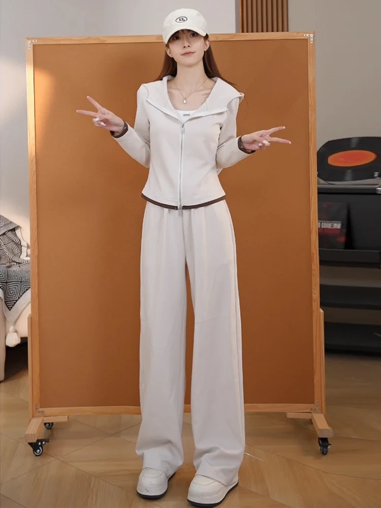 Anti-Aging Zipper Jaet Top And Straight Leg Pants Two-Piece Set Women's Casual Sportswear Autumn New Sle by Ni Yali