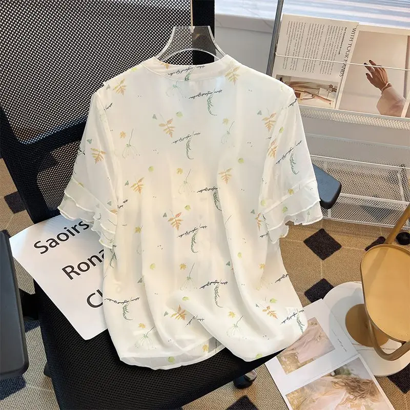 Broken Flowers Casual V-Neck Shirt Women's Stylish Ruffles Spliced Summer Short Sleeve Drawstring Commute Single-breasted Blouse