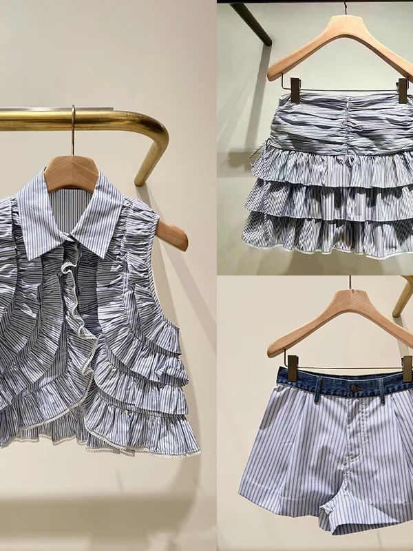 

Spring Summer Outfit Classic Blue White Stripe Multi-Layered Ruffle Sleeveless Top Shorts Cake Half Skirt Women's Fashion Set