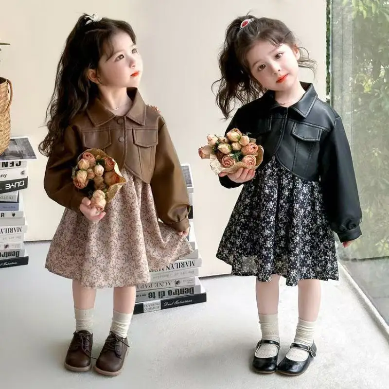 

Girls' Leather Jacket Floral Skirt Set 2026 Spring and Autumn Children's Korean Fashion Little Girl Two-piece Set Children's