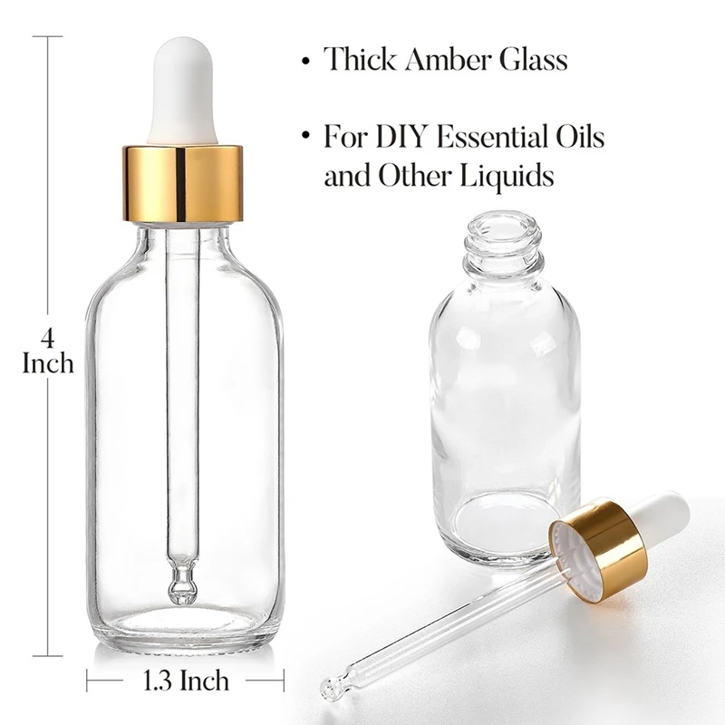 Leak Proof Travel Dropper Bottles 4 Pack With Golden Caps, Clear Glass For Essential Oils 1Oz (30Ml) Easy To Use 10.1X3.3Cm