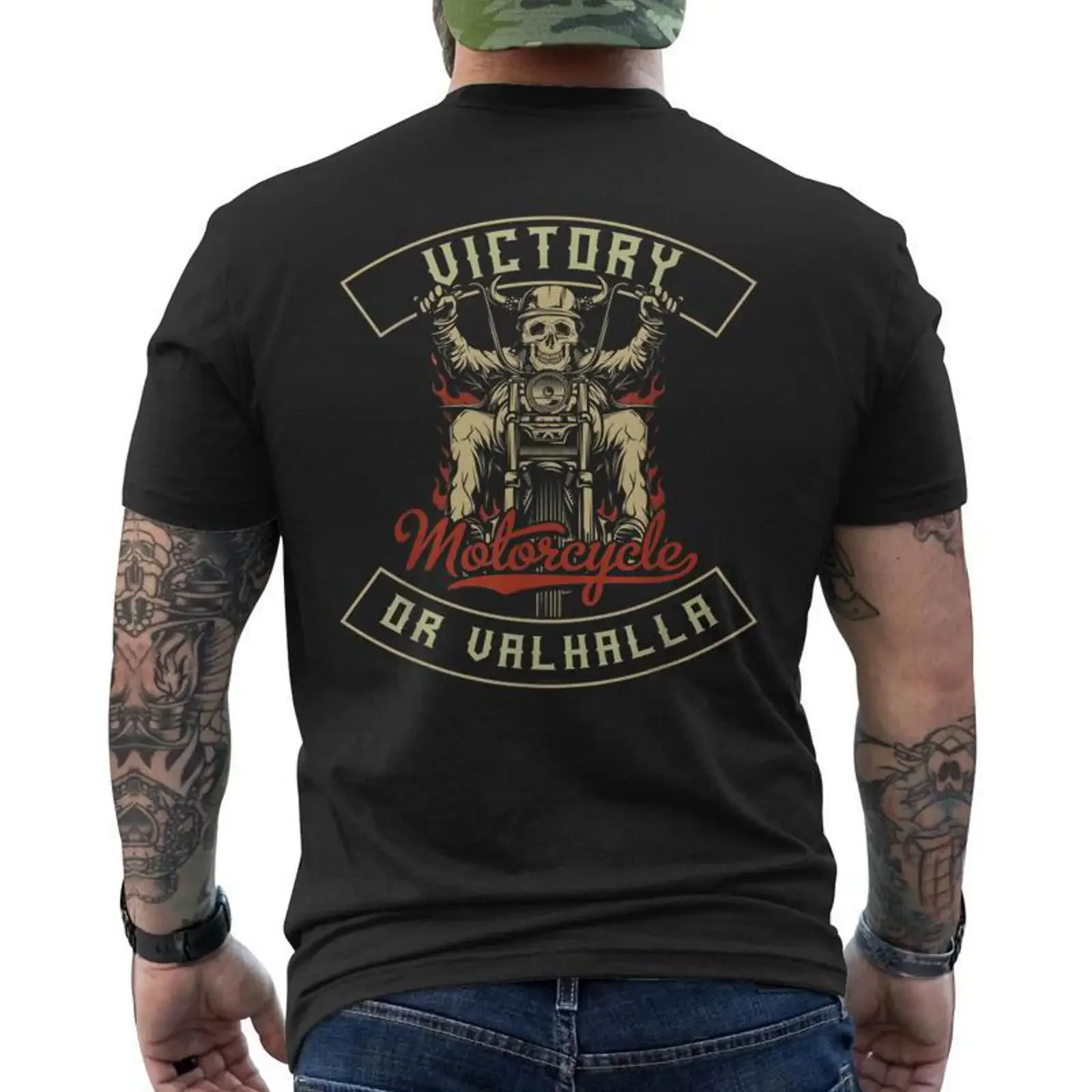 Victory Or Valhalla Motorcycle Norse Viking Men's Back Print T shirt Mazezy vintage Washed Stretched Slightly Versatile fashion