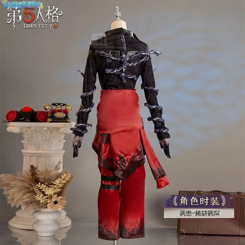 Identidade v emil paciente caso raro cosplay traje peruca máscara óculos topo cintos de couro calças bloqueio branco vermelho cabelo jogo acessórios