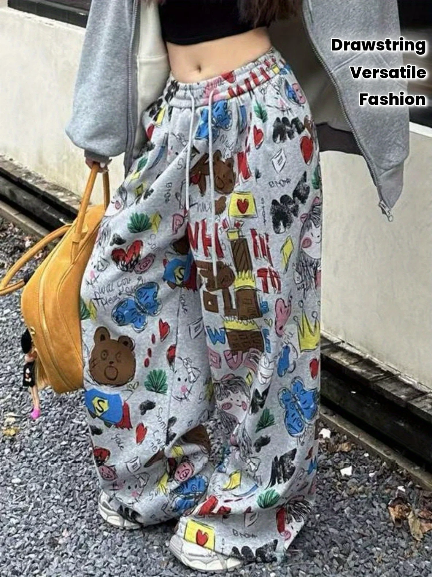Ladies Kawaii Wide Leg Joggers, Full Print Cartoon Bunny Cat Bear Graphic Casual Loose Sports Pants