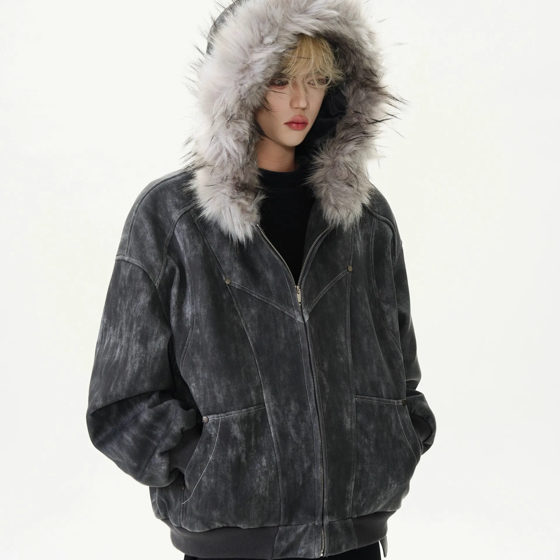 American sadness silk dyeing seat mountain carving dyeing hooded winter heavy industry thick fur collar padded jacket