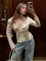 Chic Lace Women 's Shirts Elegant V-neck Tie Up Single Breasted Tops Female 2025 Summer Autumn Fashion Lady High Street Blouse - Image 5