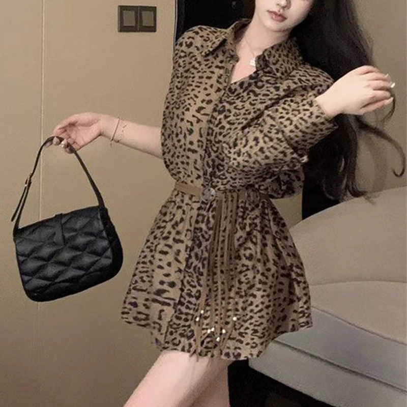 Primavera autunno Vintage stampa leopardo cintura vita Mini Vestido femminile manica lunga moda Casual camicia vestito donna bottoni Robe