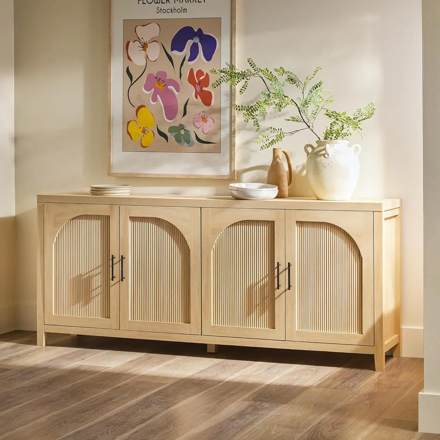with Cord Management, 70 Inch, Coastal Oak Sasha 4-Door Reeded Sideboard Buffet