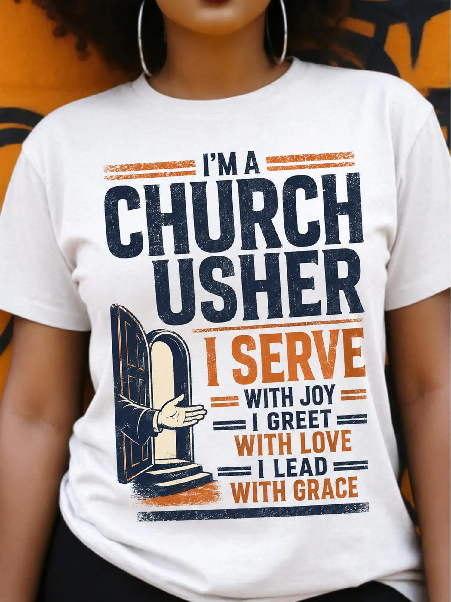 Inspirational Church Usher Graphic White T-Shirt, Serve with Joy Letter Print Tee, Religious Faith Based Casual Top for Women, Crew Neck Short Sleeve Apparel, Comfortable Loose Fit, Church Service, Volunteering, Daily Wear