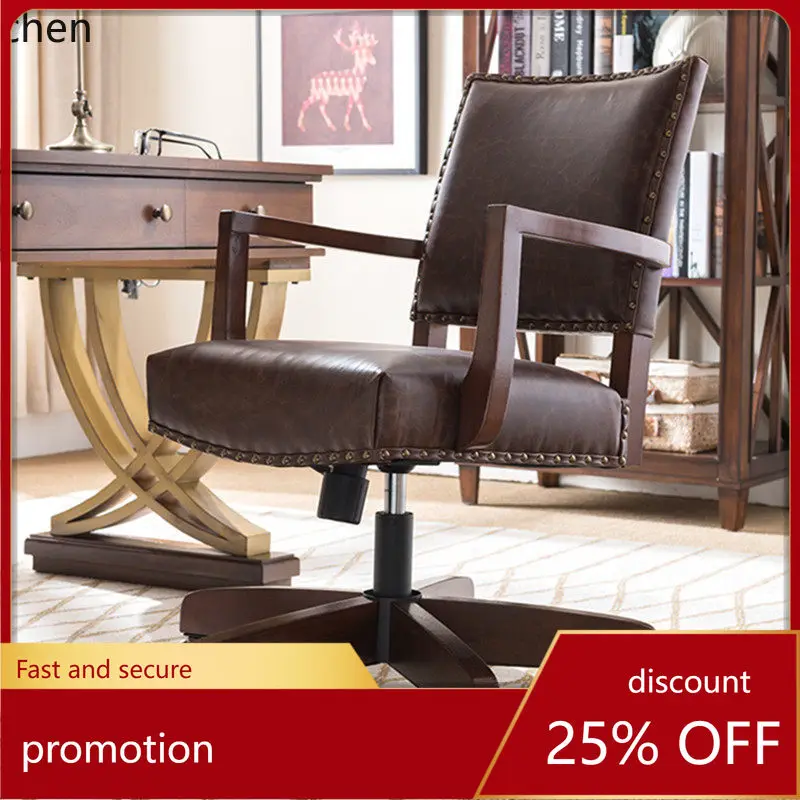HT Boss Genuine Leather Computer Office Chair Home Use Solid Wood Swivel Chair Study Room Backrest Executive Chair