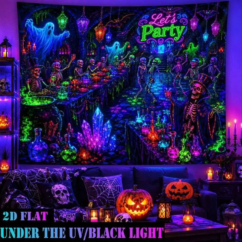 VIKAMA Spooky Halloween Party Tapestry Skeleton Ghost Crystal Polyester Wall Hanging UV Reactive Bedroom Dorm Home Decor
