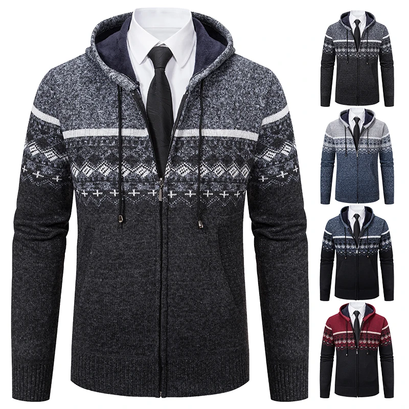 Warm men\'s jackets in autumn and winter men\'s Korean version of hooded men\'s knitted cardigan plus velvet padded jacket