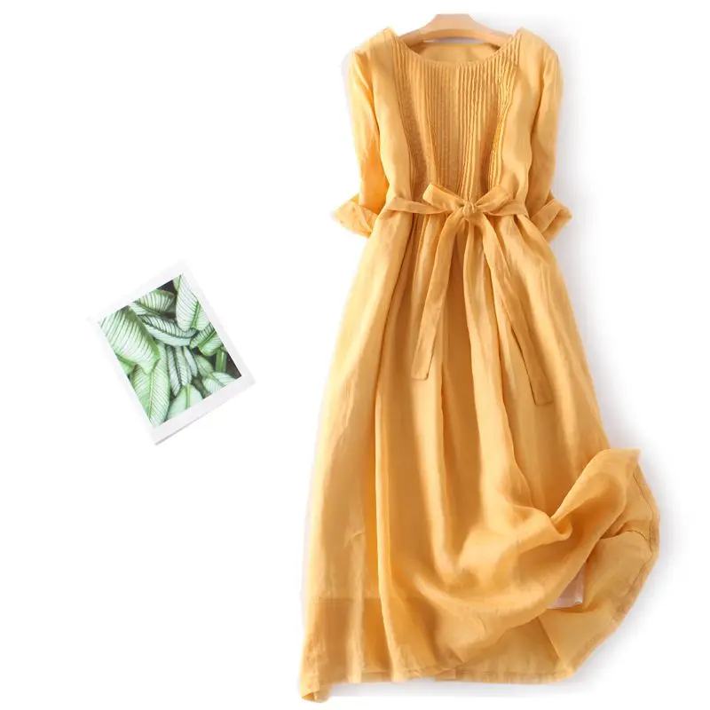 Original artistique rétro chanvre ceinturé t-shirt quart Sve Dr coréen Sle taille ample été Midi Dr couleur ronde Ne